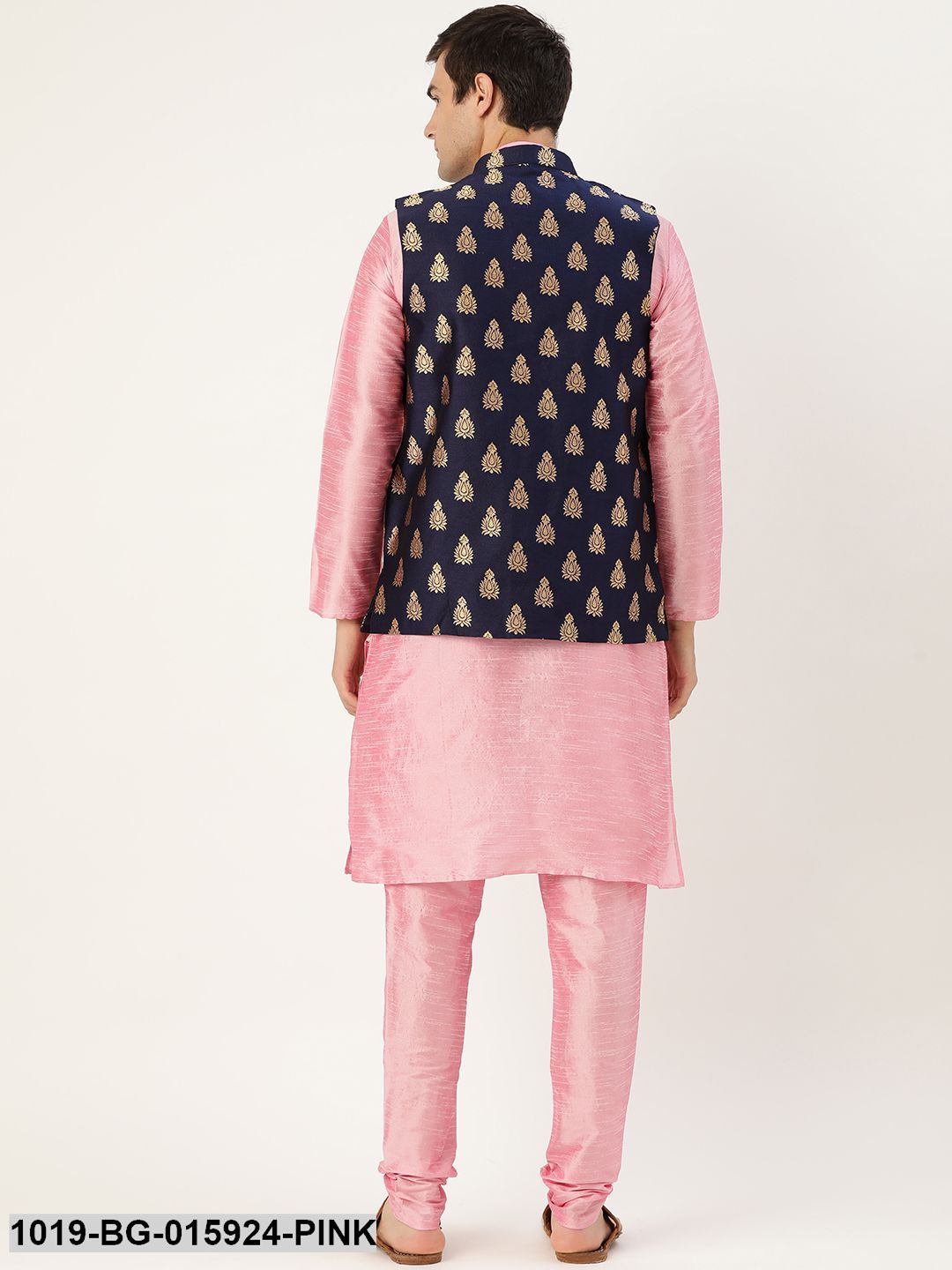 Men's Silk Blend Pink Kurta Pyjama & Navy Blue Nehru jacket Combo - Sojanya