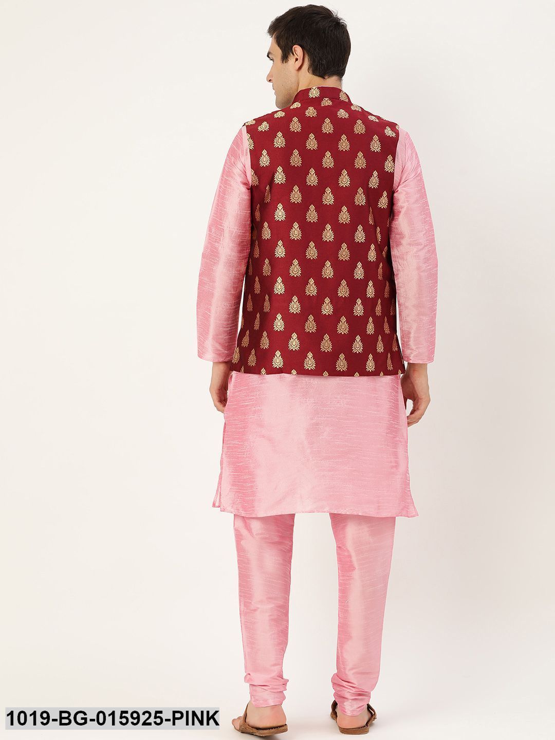 Men's Silk Blend Pink Kurta Pyjama & Maroon Nehru jacket Combo - Sojanya