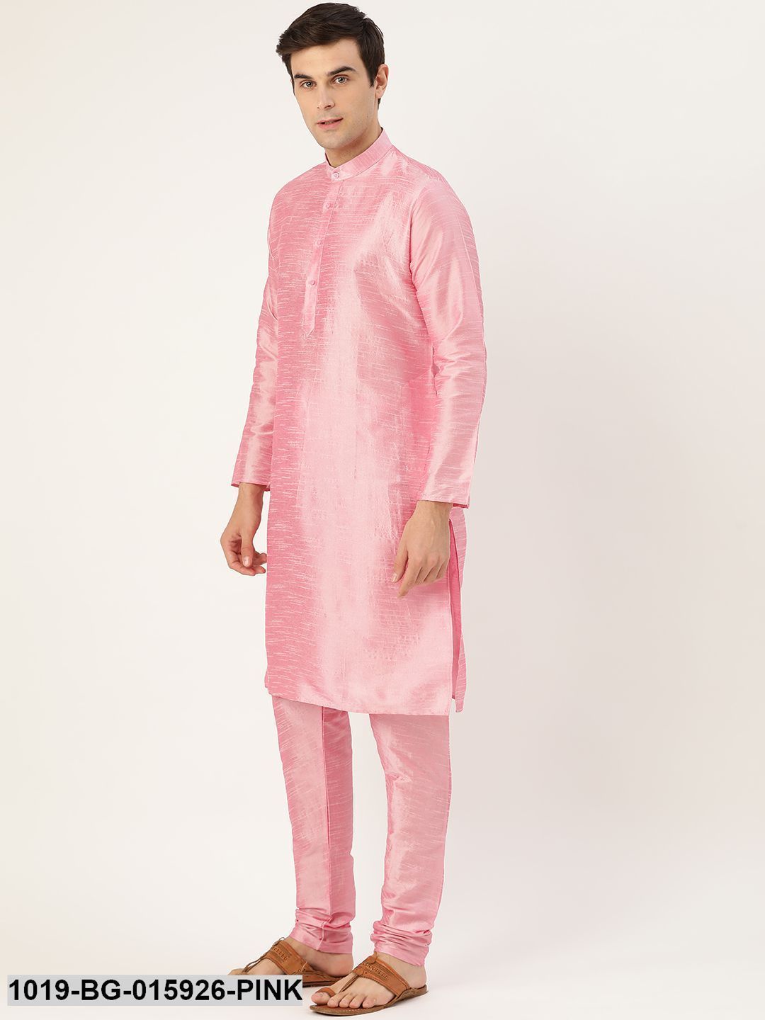 Men's Silk Blend Pink Kurta Pyjama & Black Nehru jacket Combo - Sojanya