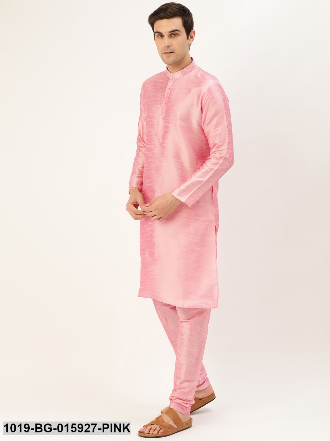 Men's Silk Blend Pink Kurta Pyjama & Pink Nehru jacket Combo
