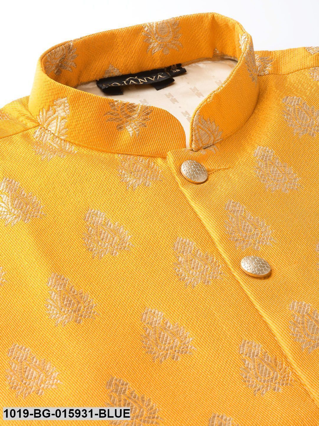 Men's Silk Blend Royal Blue Kurta Pyjama & Mustard Nehru jacket Combo - Sojanya