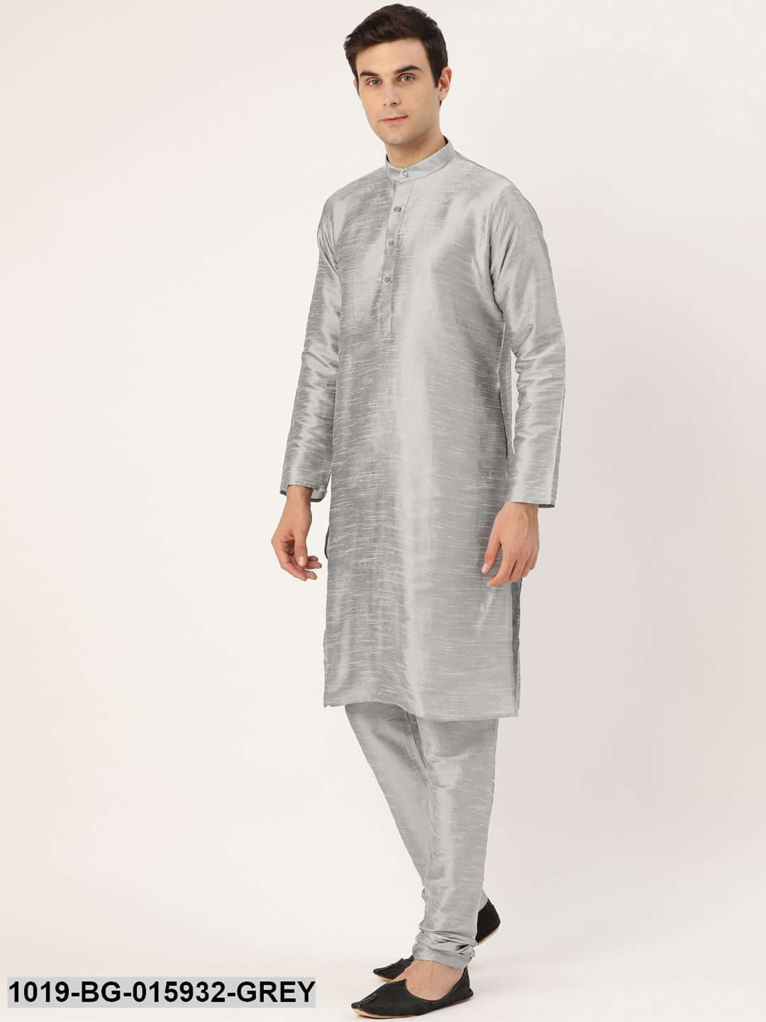 Men's Silk Blend Grey Kurta Pyjama & Black Nehru jacket Combo - Sojanya