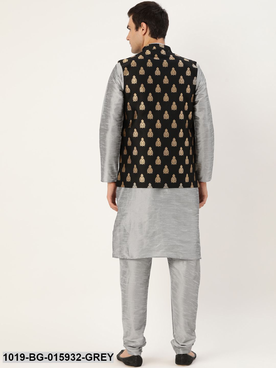Men's Silk Blend Grey Kurta Pyjama & Black Nehru jacket Combo - Sojanya
