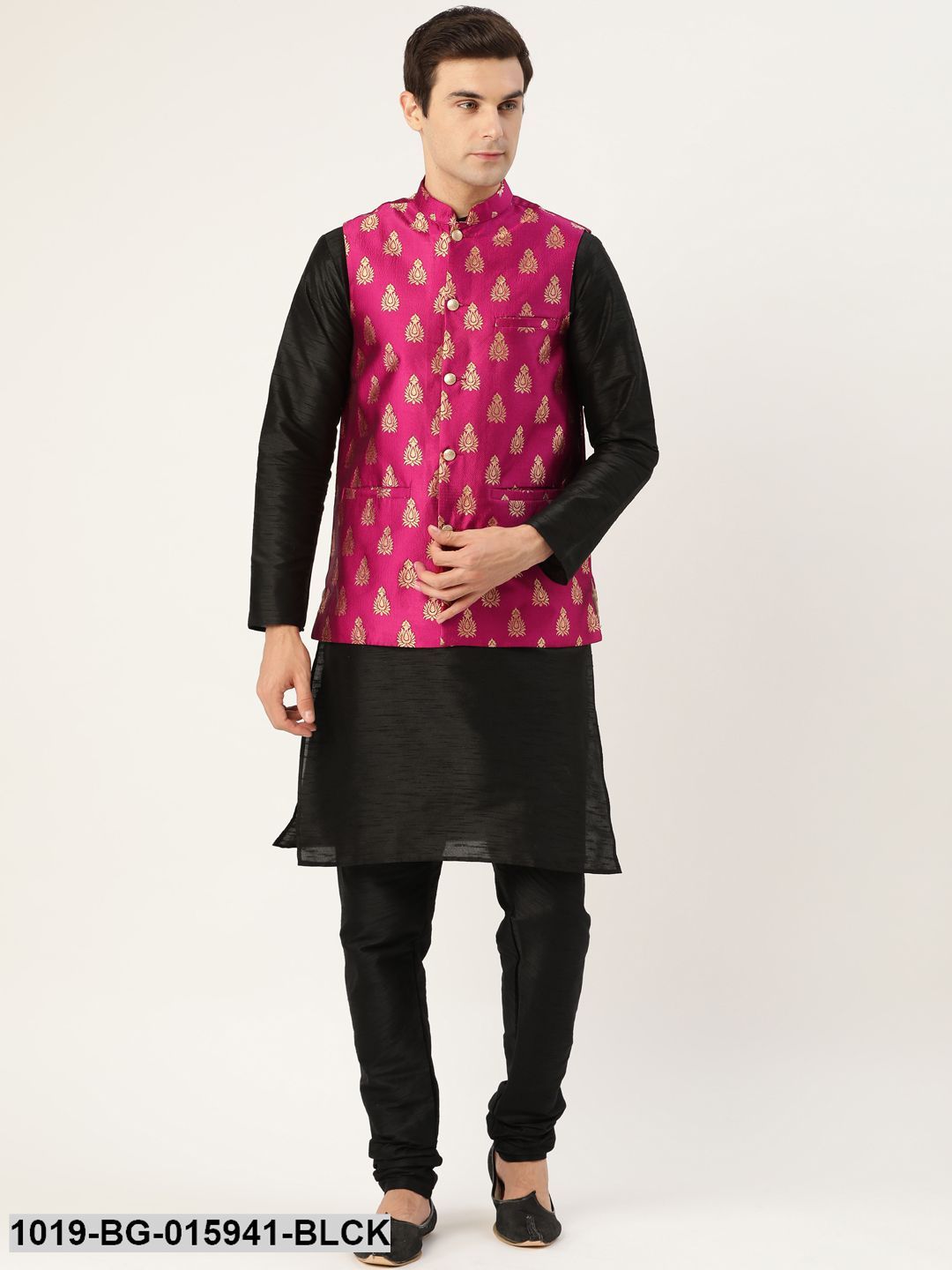 Men's Silk Blend Black Kurta Pyjama & Magenta Nehru jacket Combo - Sojanya