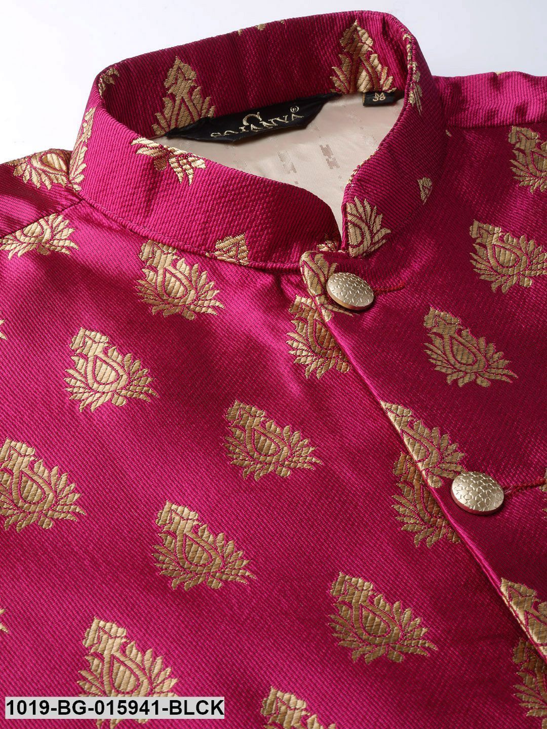 Men's Silk Blend Black Kurta Pyjama & Magenta Nehru jacket Combo - Sojanya
