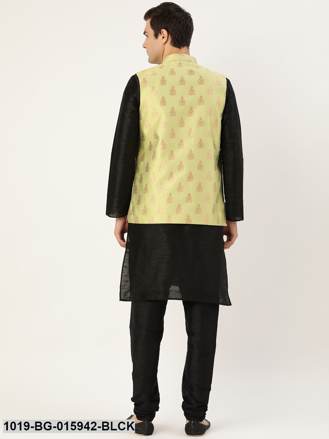Men's Silk Blend Black Kurta Pyjama & Green Nehru jacket Combo - Sojanya