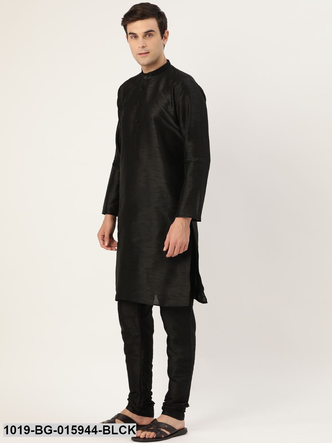 Men's Silk Blend Black Kurta Pyjama & Teal Blue Nehru jacket Combo - Sojanya