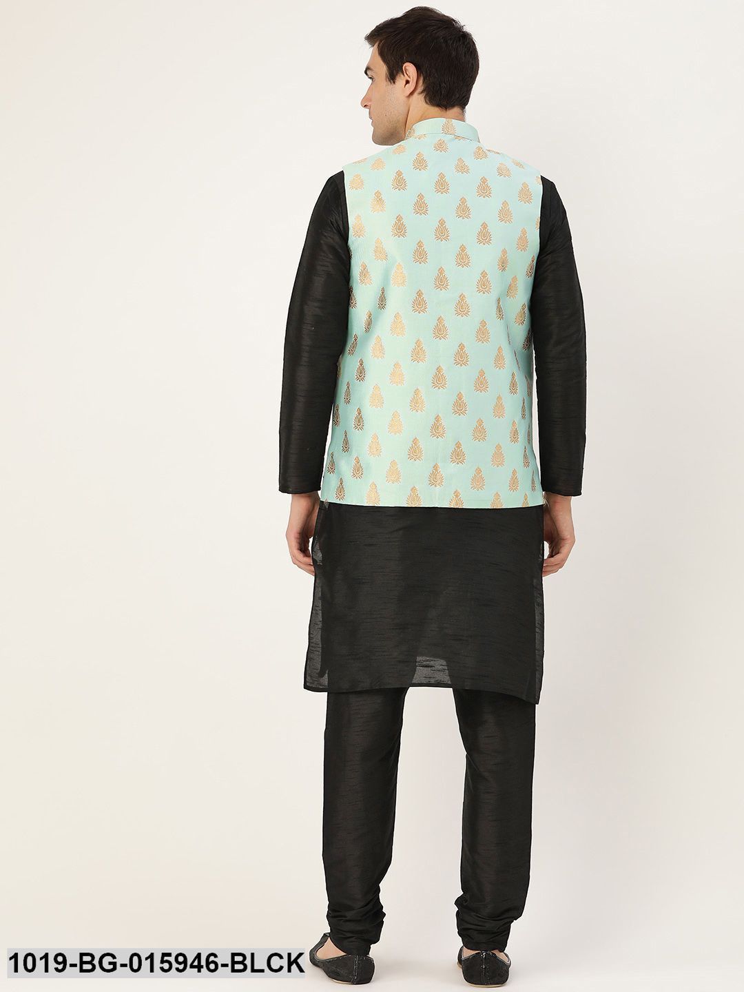 Men's Silk Blend Black Kurta Pyjama & Sea Green Nehru jacket Combo - Sojanya