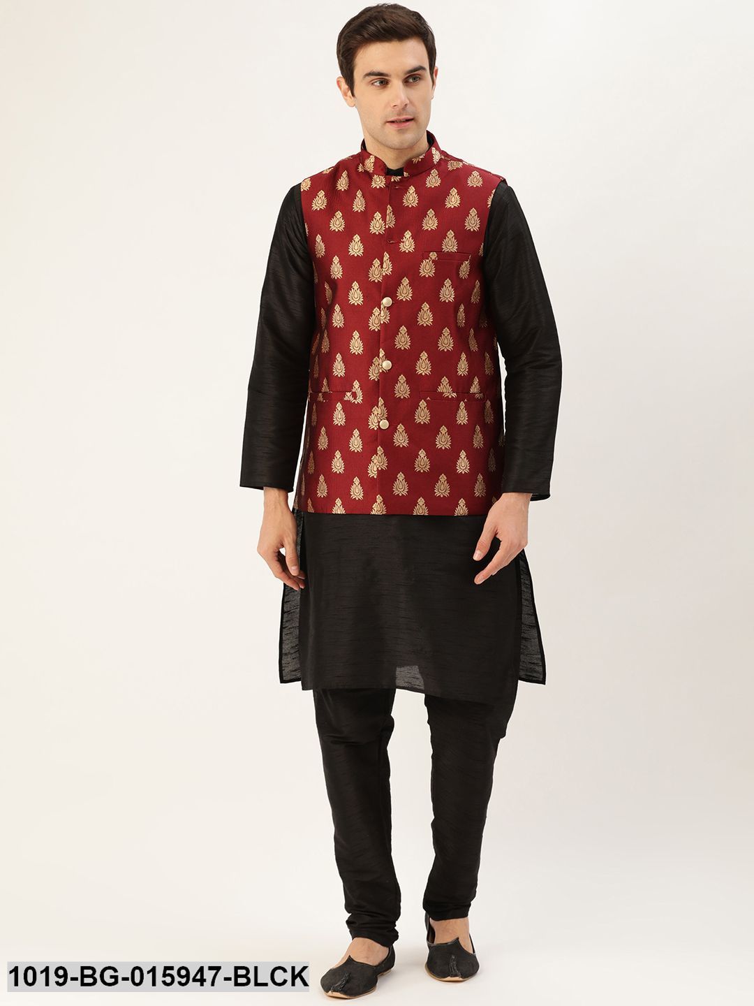 Men's Silk Blend Black Kurta Pyjama & Maroon Nehru jacket Combo - Sojanya