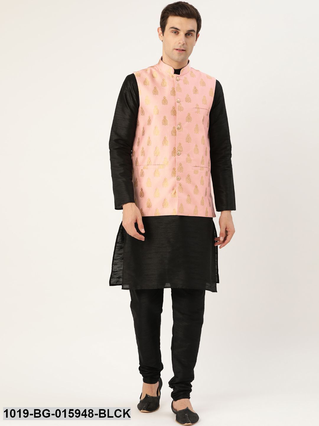 Men's Silk Blend Black Kurta Pyjama & Pink Nehru jacket Combo - Sojanya