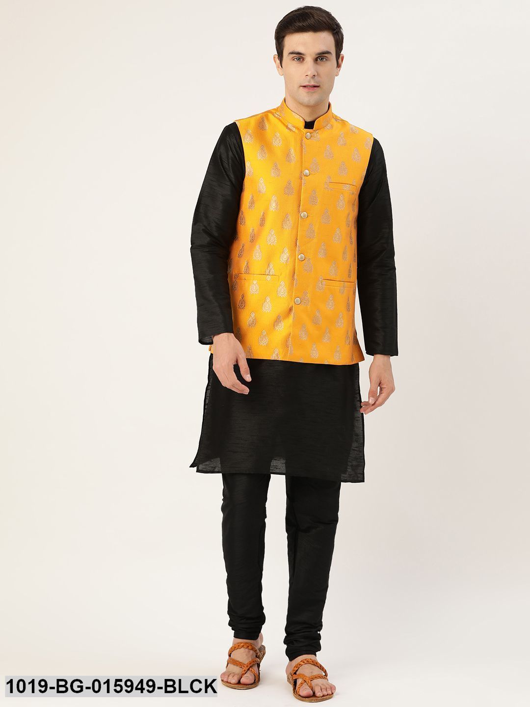 Kids Nehru jacket set: Boys Musterd Yellow Kurta With Printed Nehru Jacket  Set | Perfect Panache