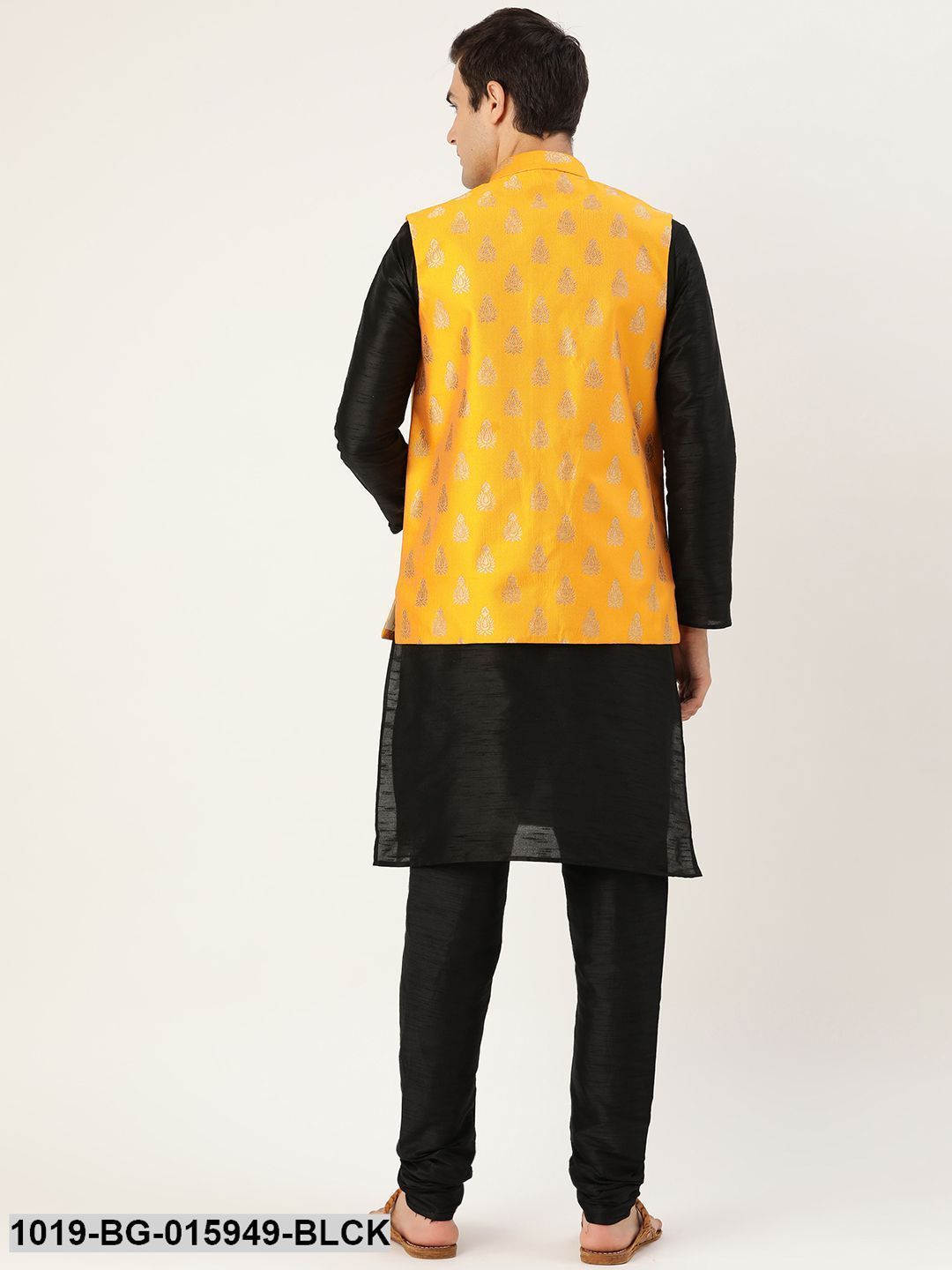 Buy SOJANYA Silk Blend Black Kurta And Churidaar Pyjama & Mustard Sherwani  Jacket (Set of 3) online