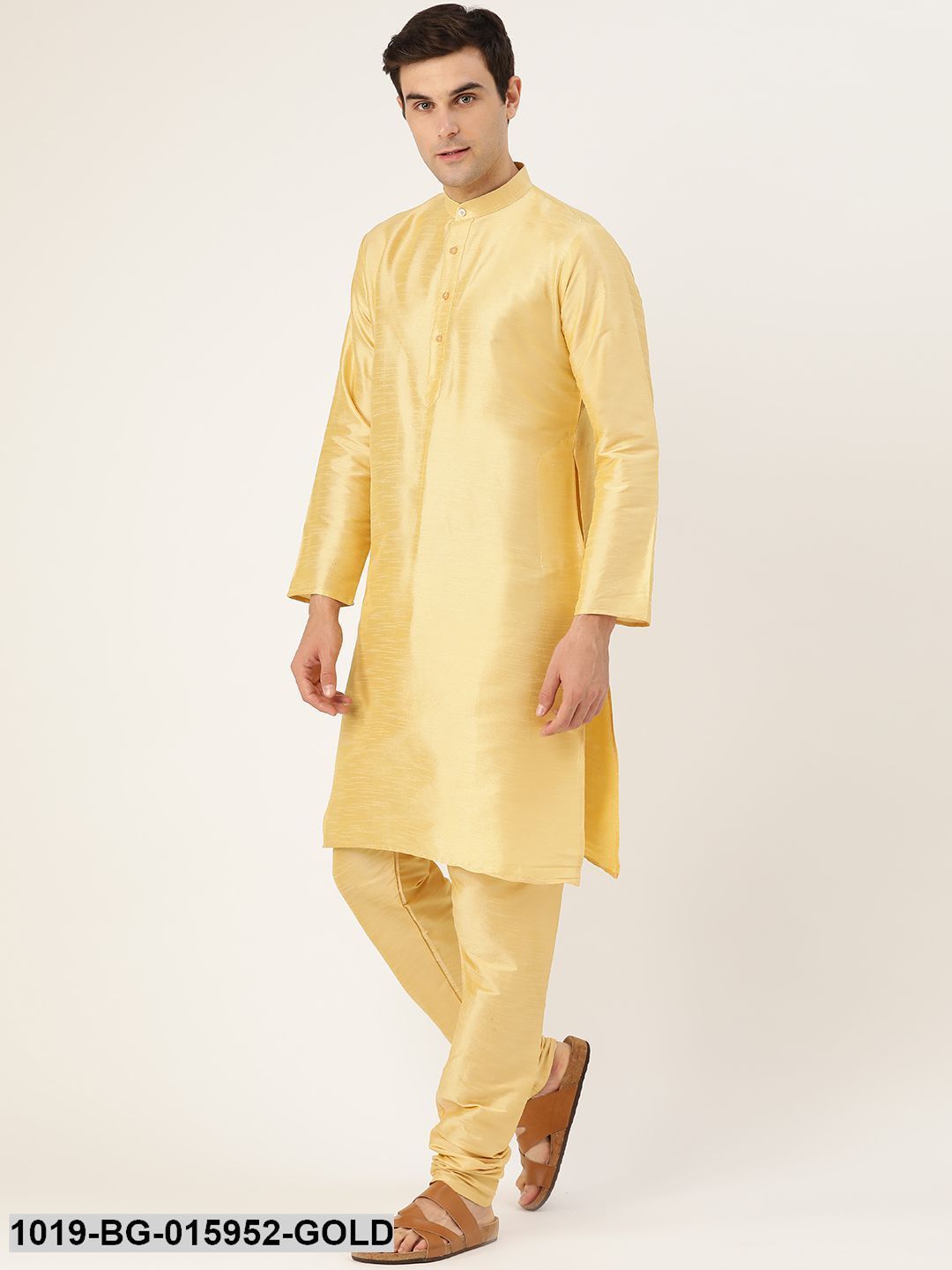 Men's Silk Blend Gold Kurta Pyjama & Peach Nehru jacket Combo - Sojanya