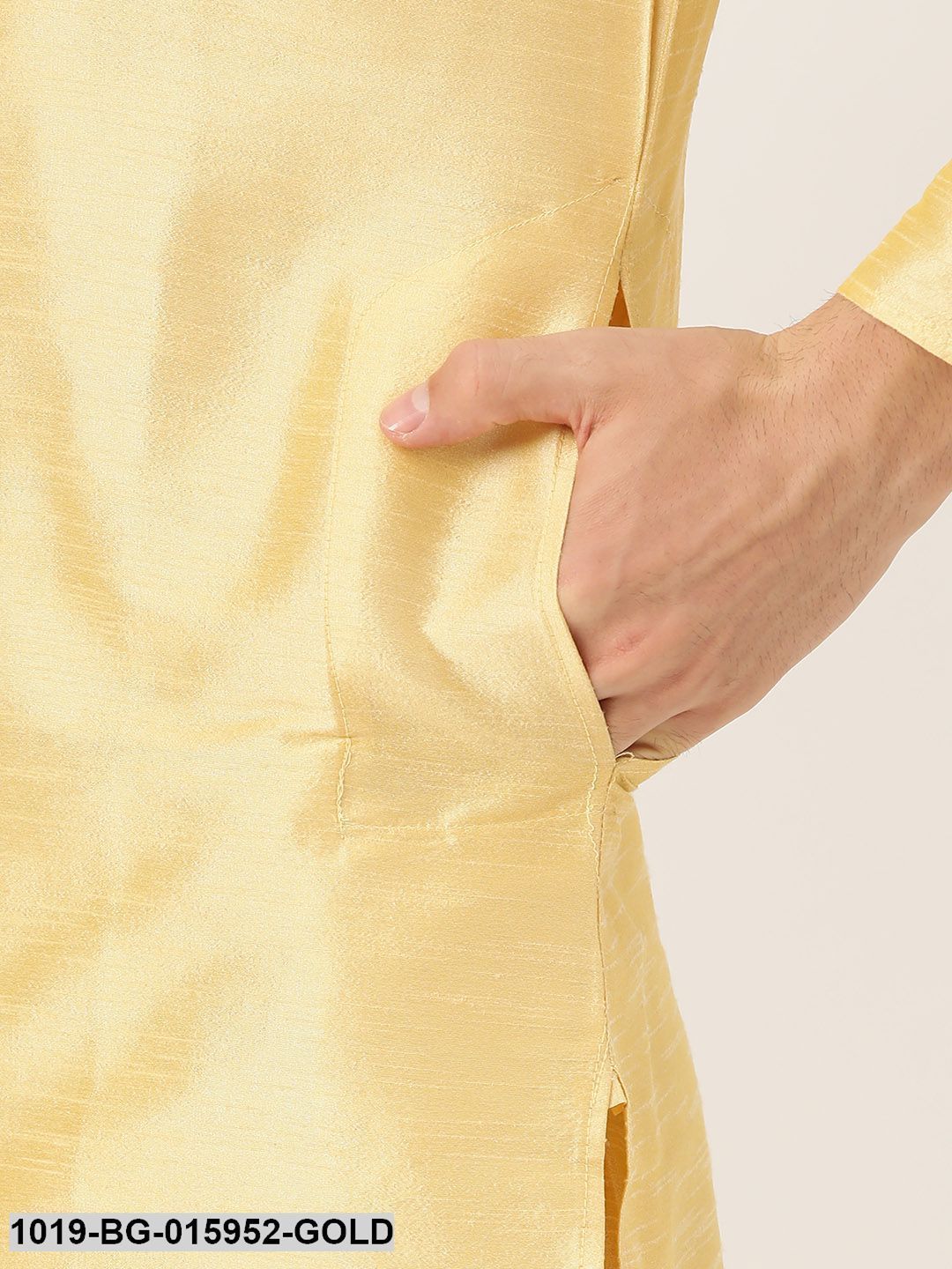 Men's Silk Blend Gold Kurta Pyjama & Peach Nehru jacket Combo - Sojanya