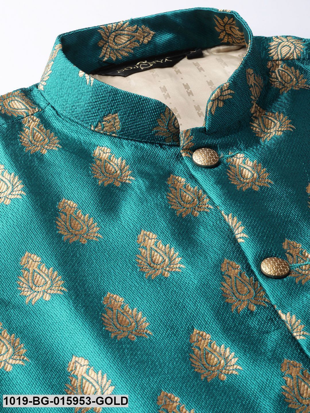 Men's Silk Blend Gold Kurta Pyjama & Teal Blue Nehru jacket Combo - Sojanya