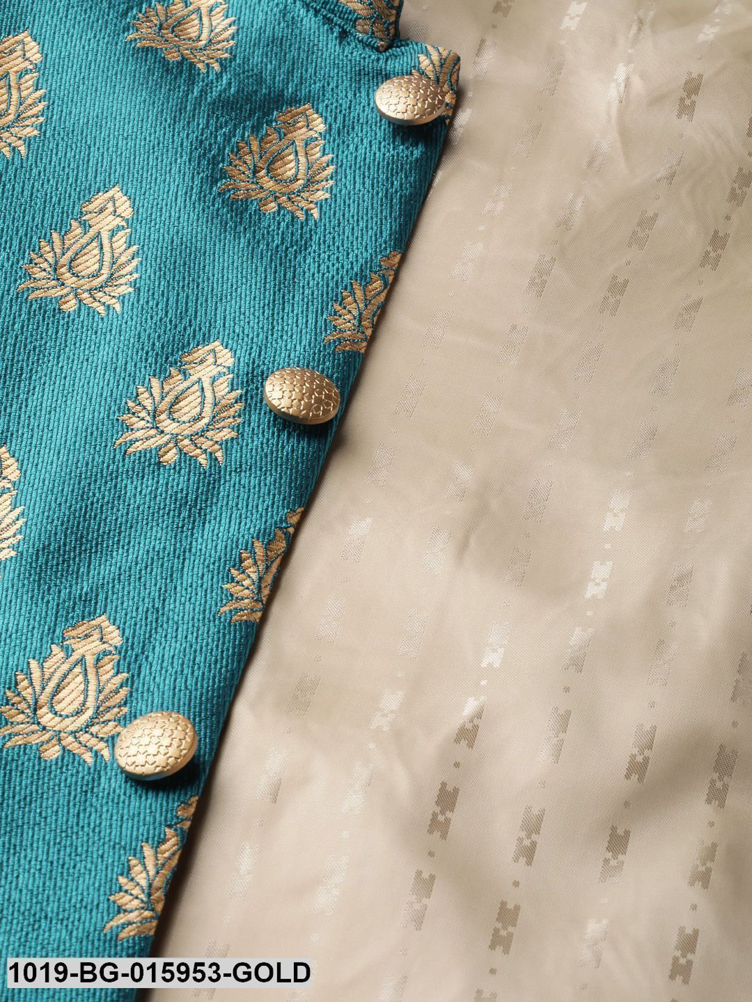 Men's Silk Blend Gold Kurta Pyjama & Teal Blue Nehru jacket Combo - Sojanya