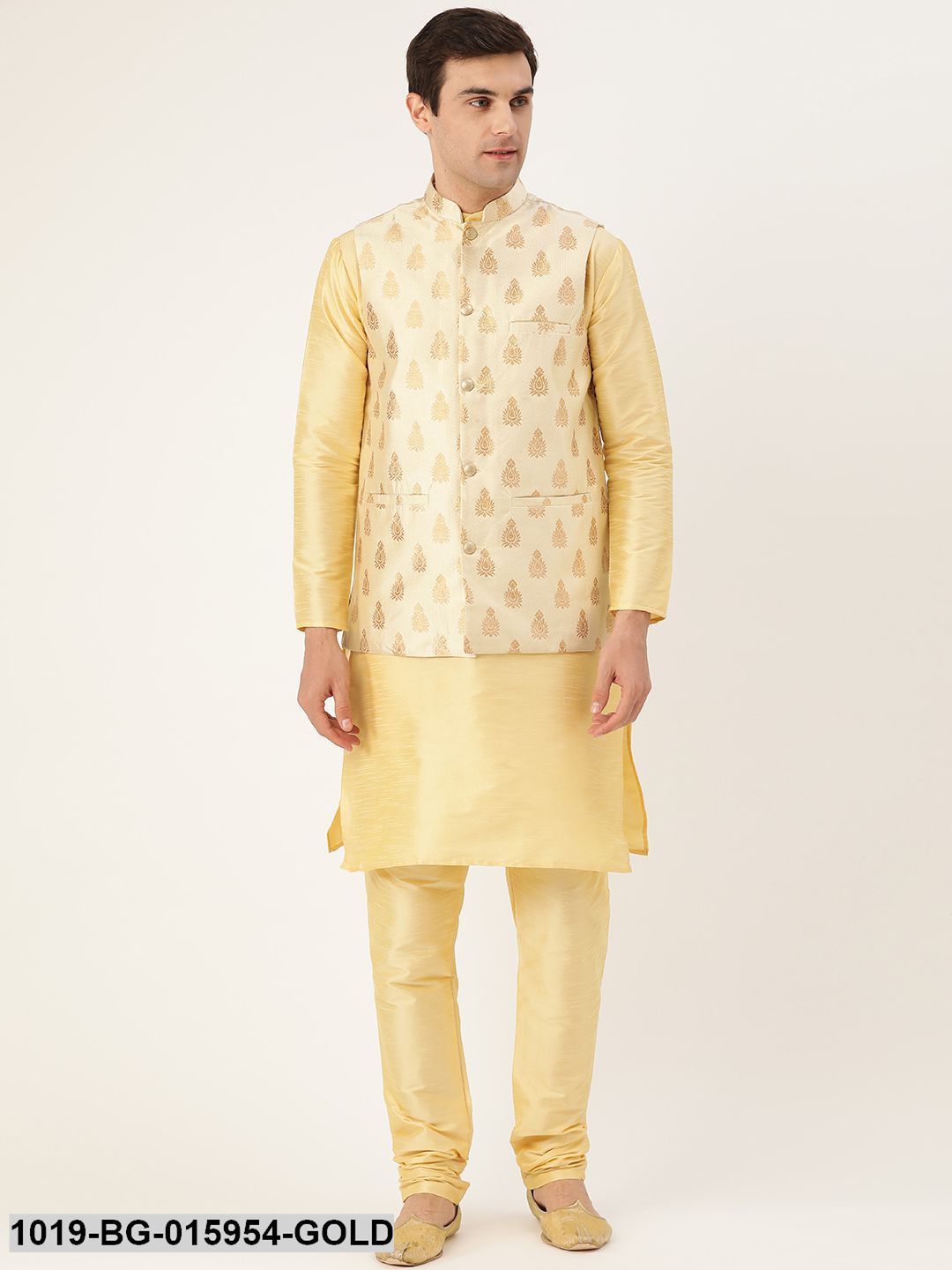 Men's Silk Blend Gold Kurta Pyjama & Beige Nehru jacket Combo - Sojanya