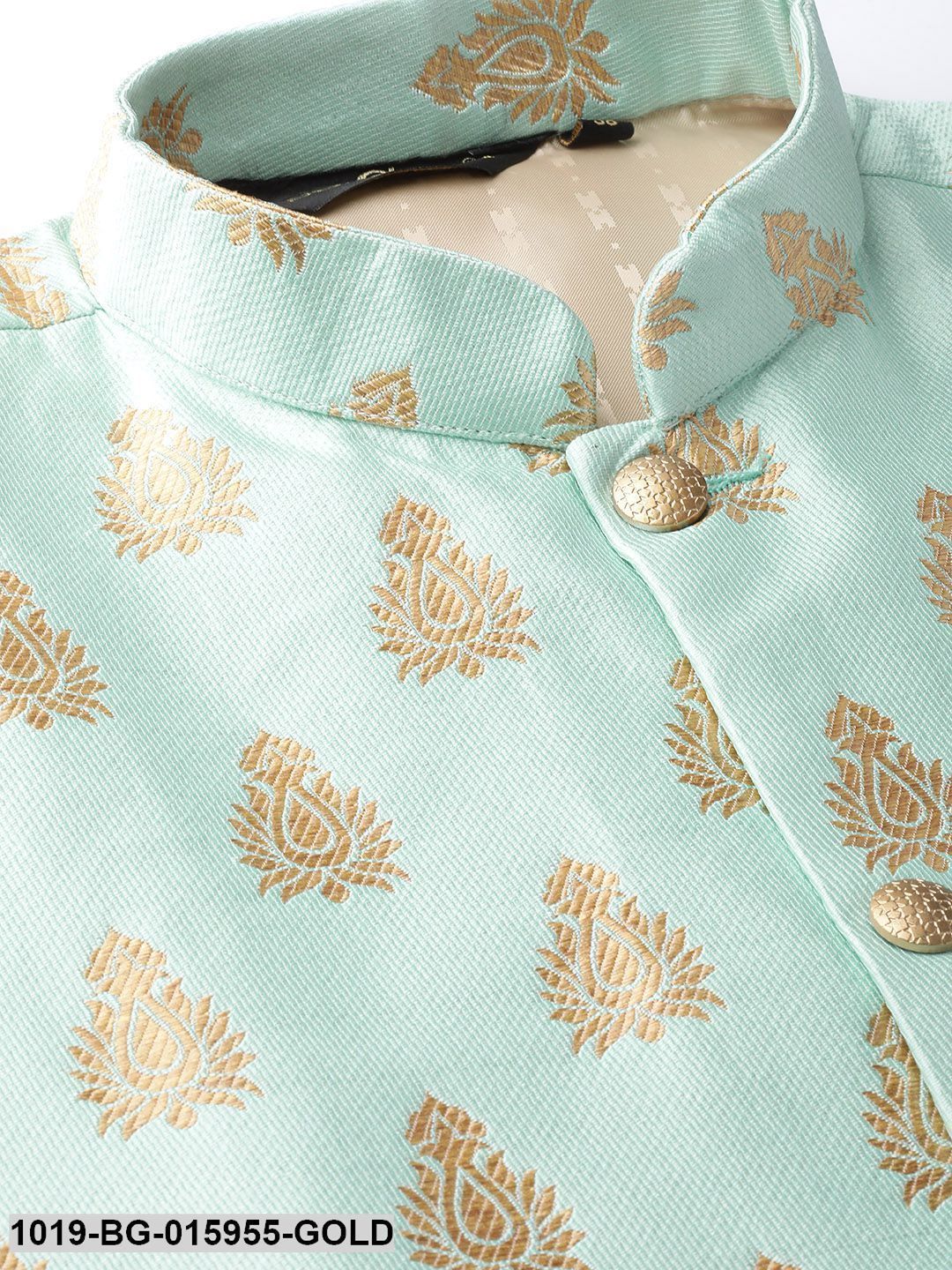 Men's Silk Blend Gold Kurta Pyjama & Sea Green Nehru jacket Combo - Sojanya