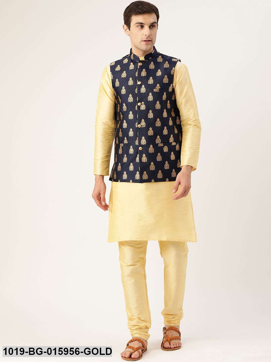 Men's Silk Blend Gold Kurta Pyjama & Navy Blue Nehru jacket Combo - Sojanya