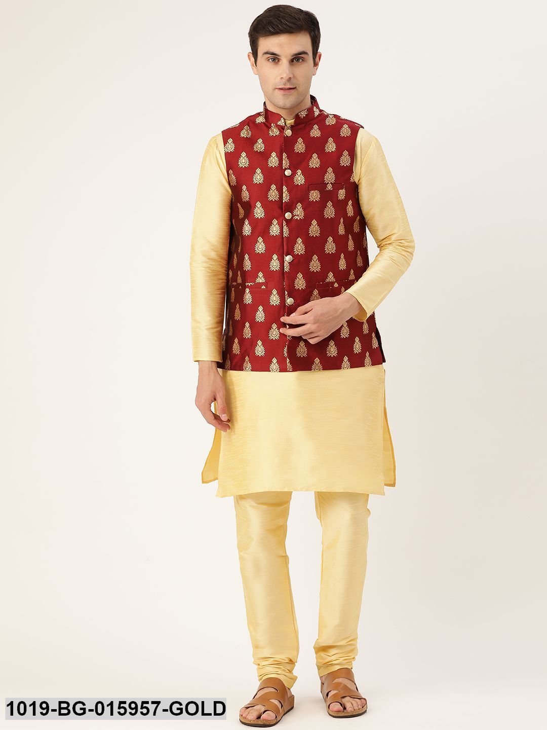 Buy Jatin Malik Floral Print Nehru jacket | Maroon Color Men | AJIO LUXE