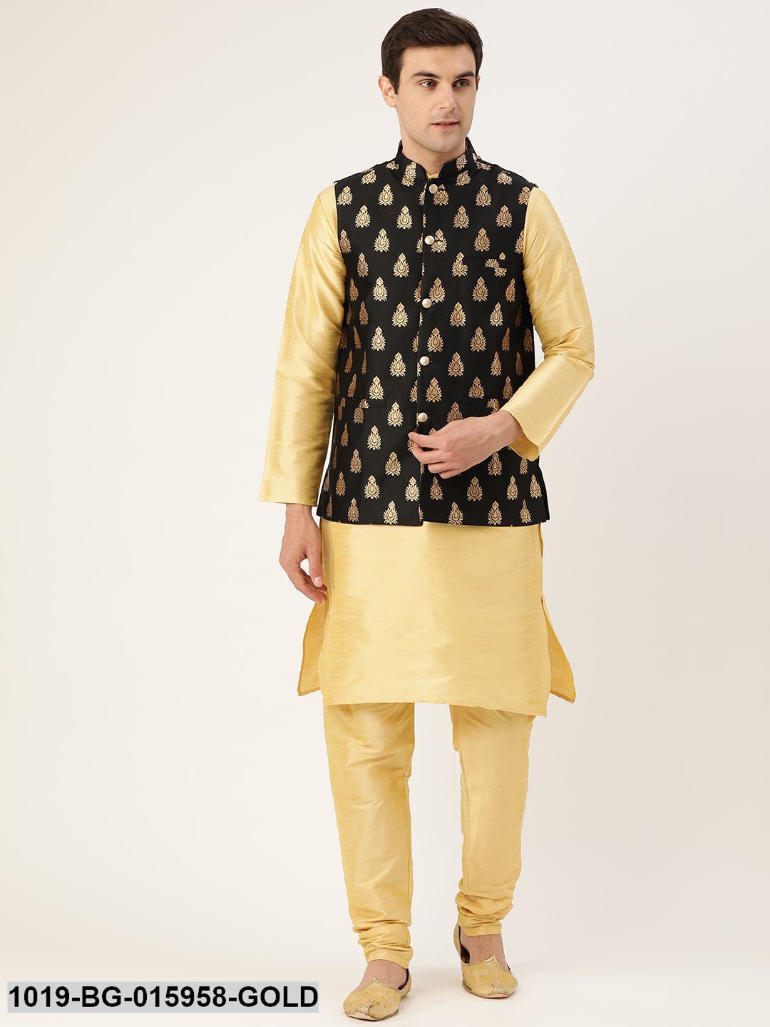 Men's Silk Blend Gold Kurta Pyjama & Black Nehru jacket Combo - Sojanya