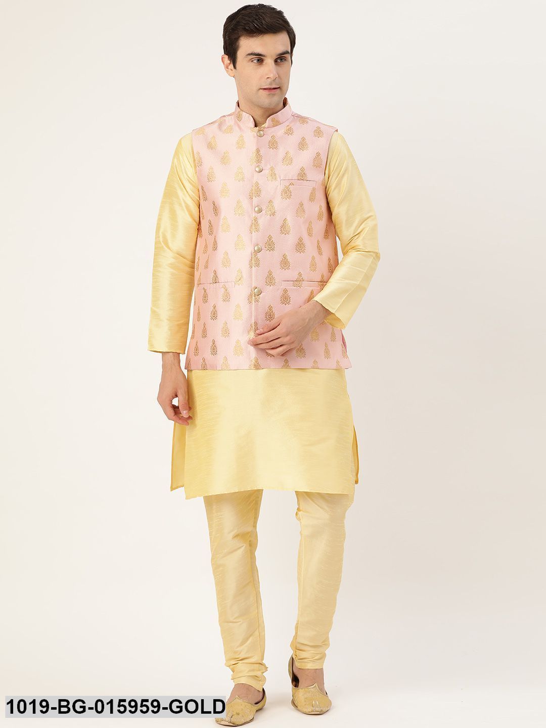 Men's Silk Blend Gold Kurta Pyjama & Pink Nehru jacket Combo - Sojanya
