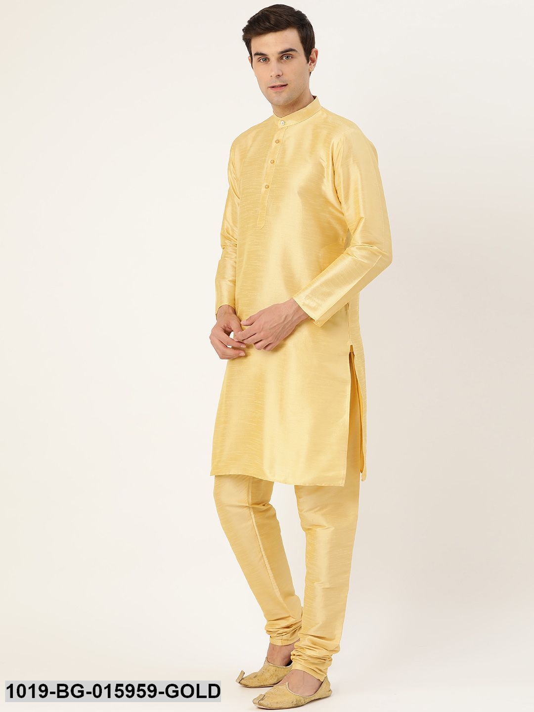 Men's Silk Blend Gold Kurta Pyjama & Pink Nehru jacket Combo - Sojanya