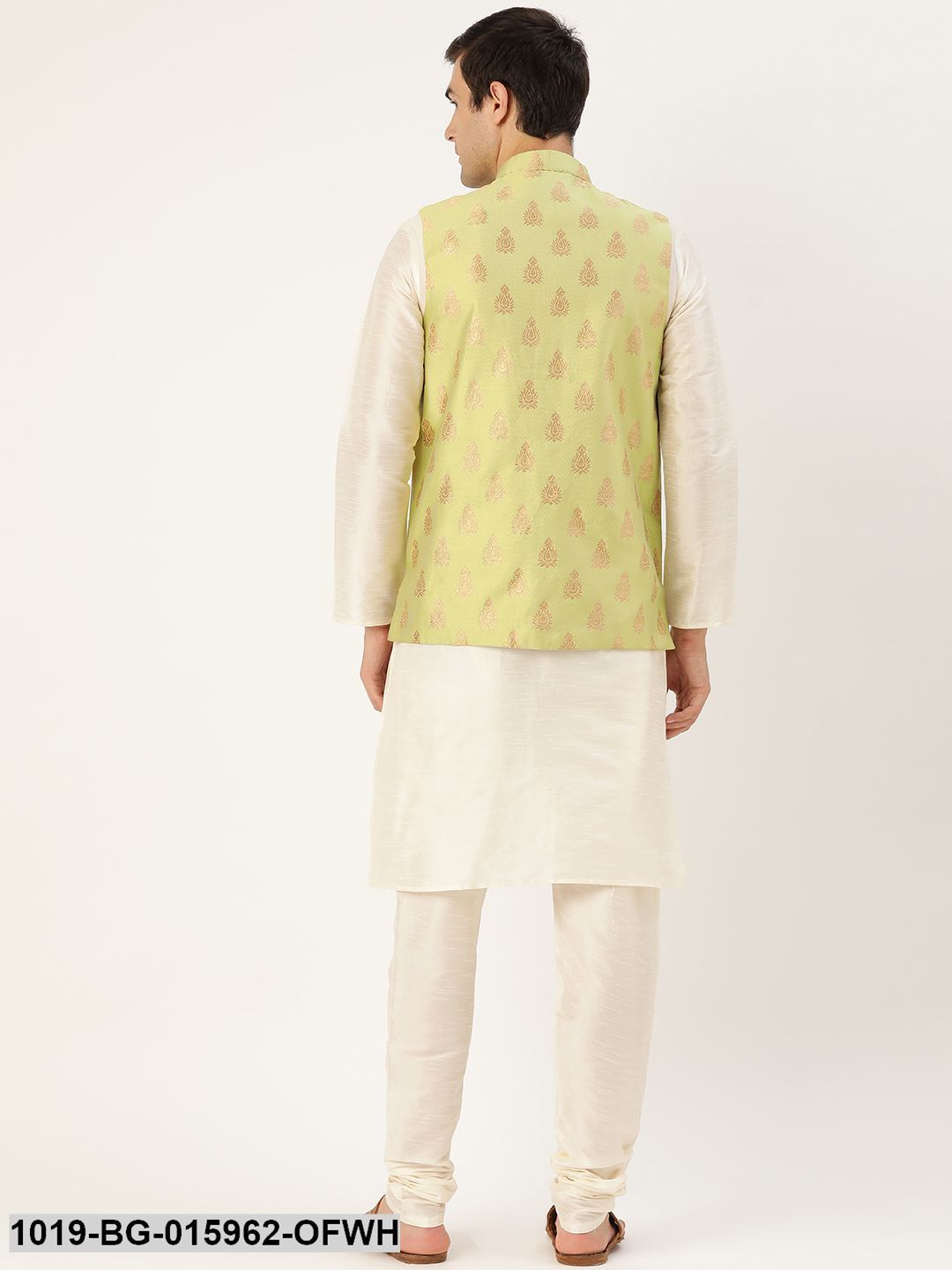 Men's Silk Blend Off White Kurta Pyjama & Green Nehru jacket Combo - Sojanya