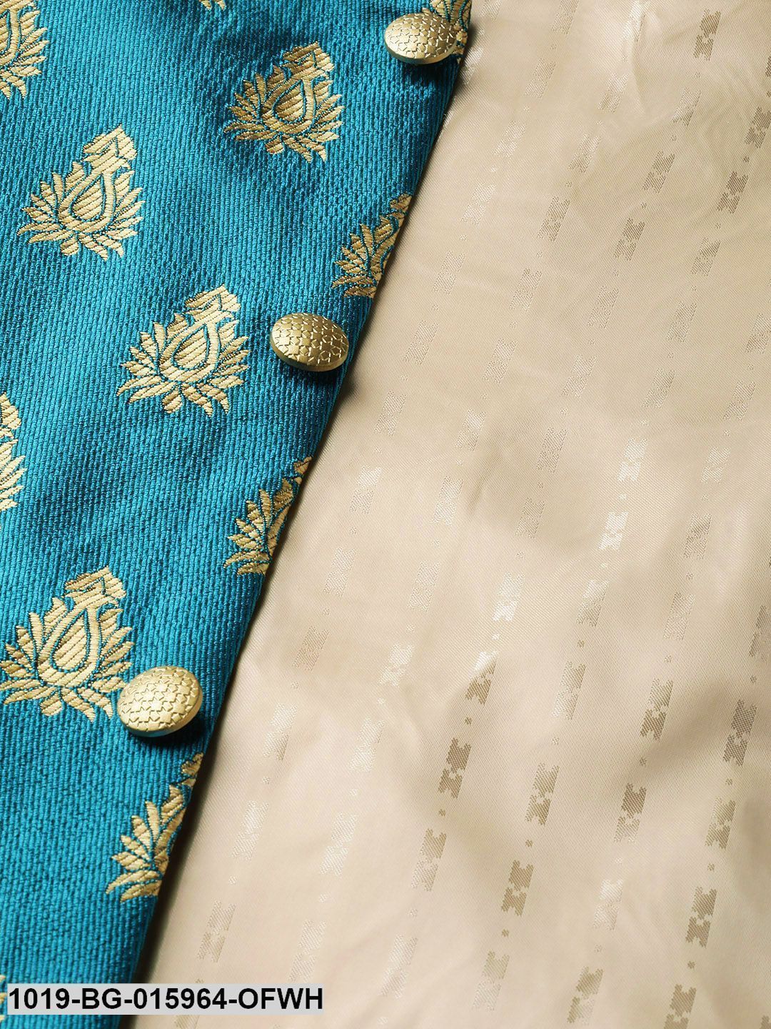 Men's Silk Blend Off White Kurta Pyjama & Teal Blue Nehru jacket Combo - Sojanya
