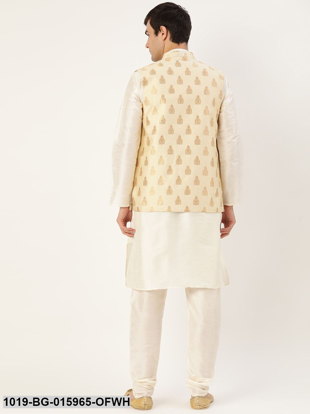 Men's Silk Blend Off White Kurta Pyjama & Beige Nehru jacket Combo - Sojanya