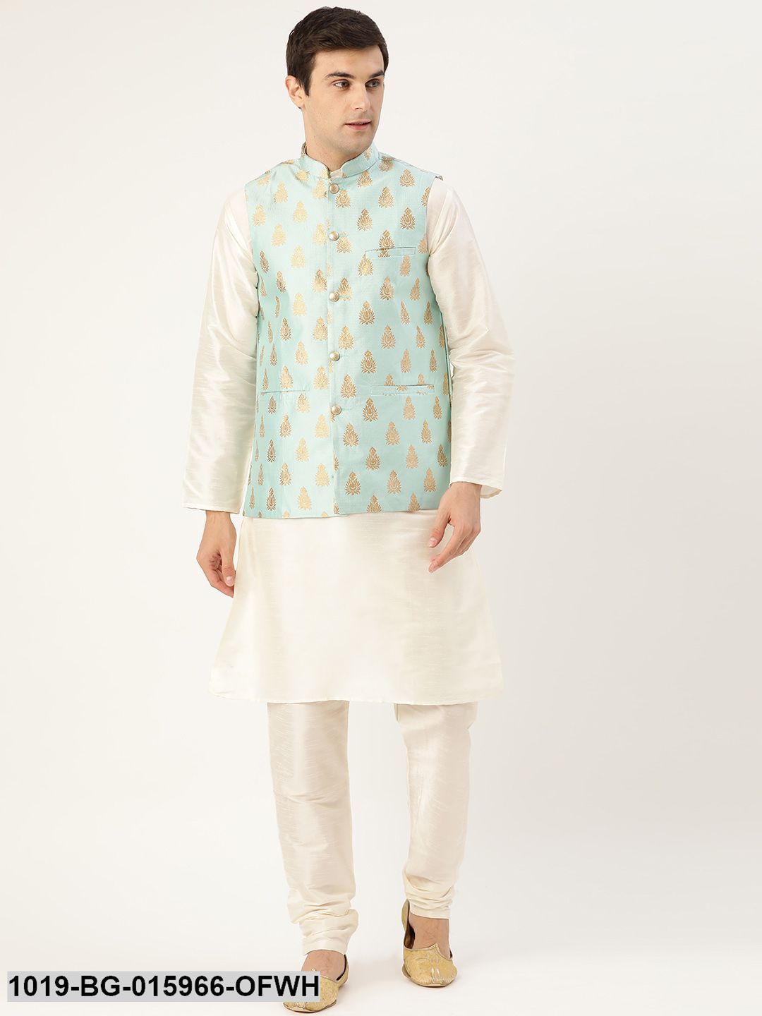 Men's Silk Blend Off White Kurta Pyjama & Sea Green Nehru jacket Combo - Sojanya