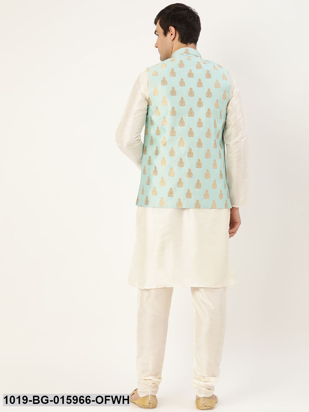 Men's Silk Blend Off White Kurta Pyjama & Sea Green Nehru jacket Combo - Sojanya