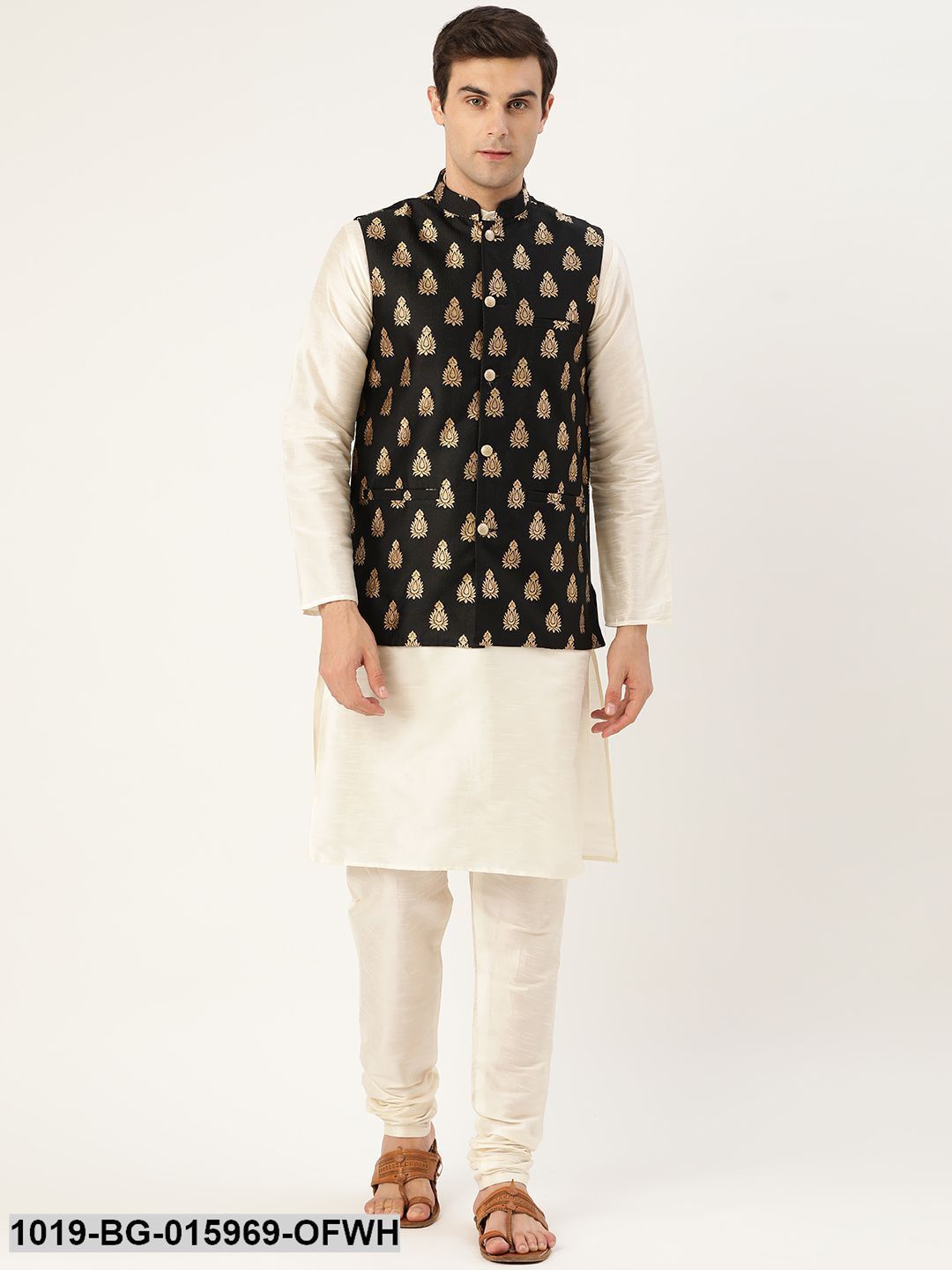 Men's Silk Blend Off White Kurta Pyjama & Black Nehru jacket Combo - Sojanya