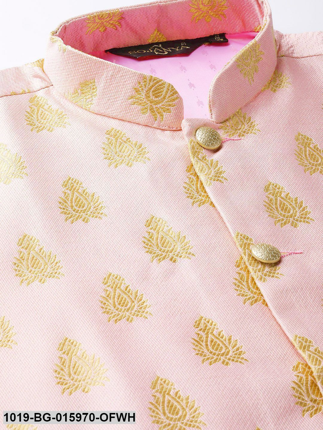 Men's Silk Blend Off White Kurta Pyjama & Pink Nehru jacket Combo - Sojanya