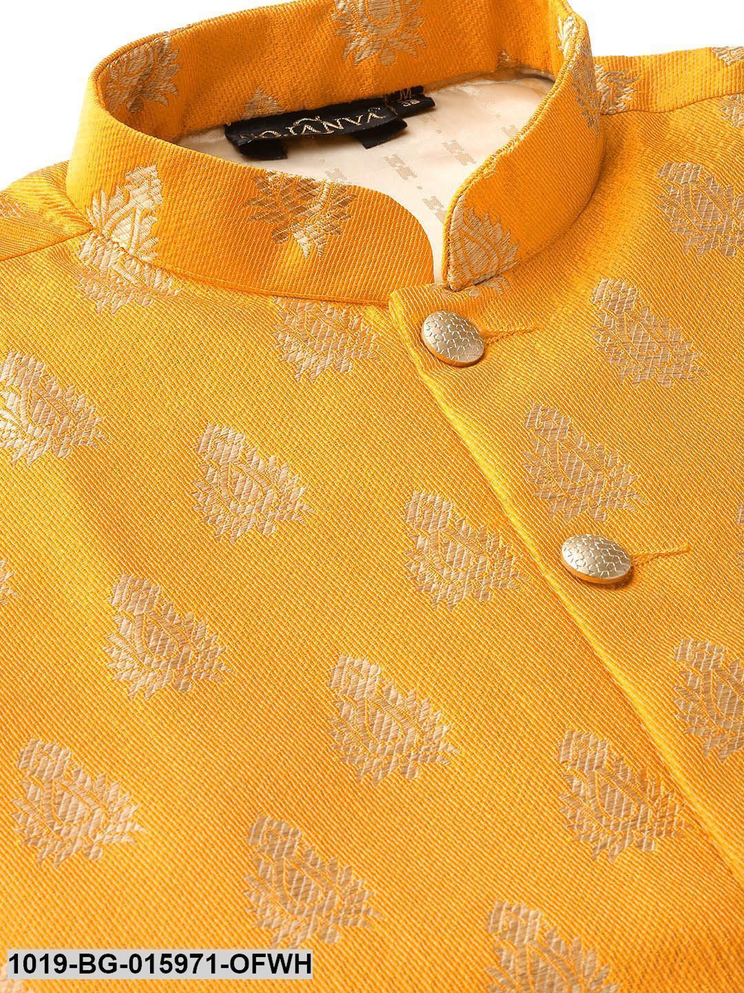 Men's Silk Blend Off White Kurta Pyjama & Mustard Nehru jacket Combo - Sojanya