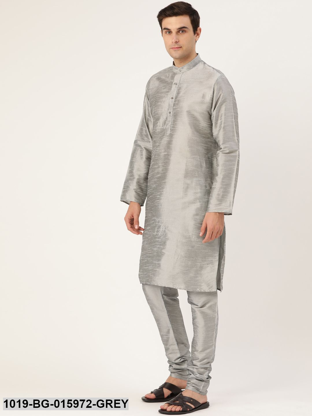 Men's Silk Blend Grey Kurta Pyjama & Maroon Nehru jacket Combo - Sojanya