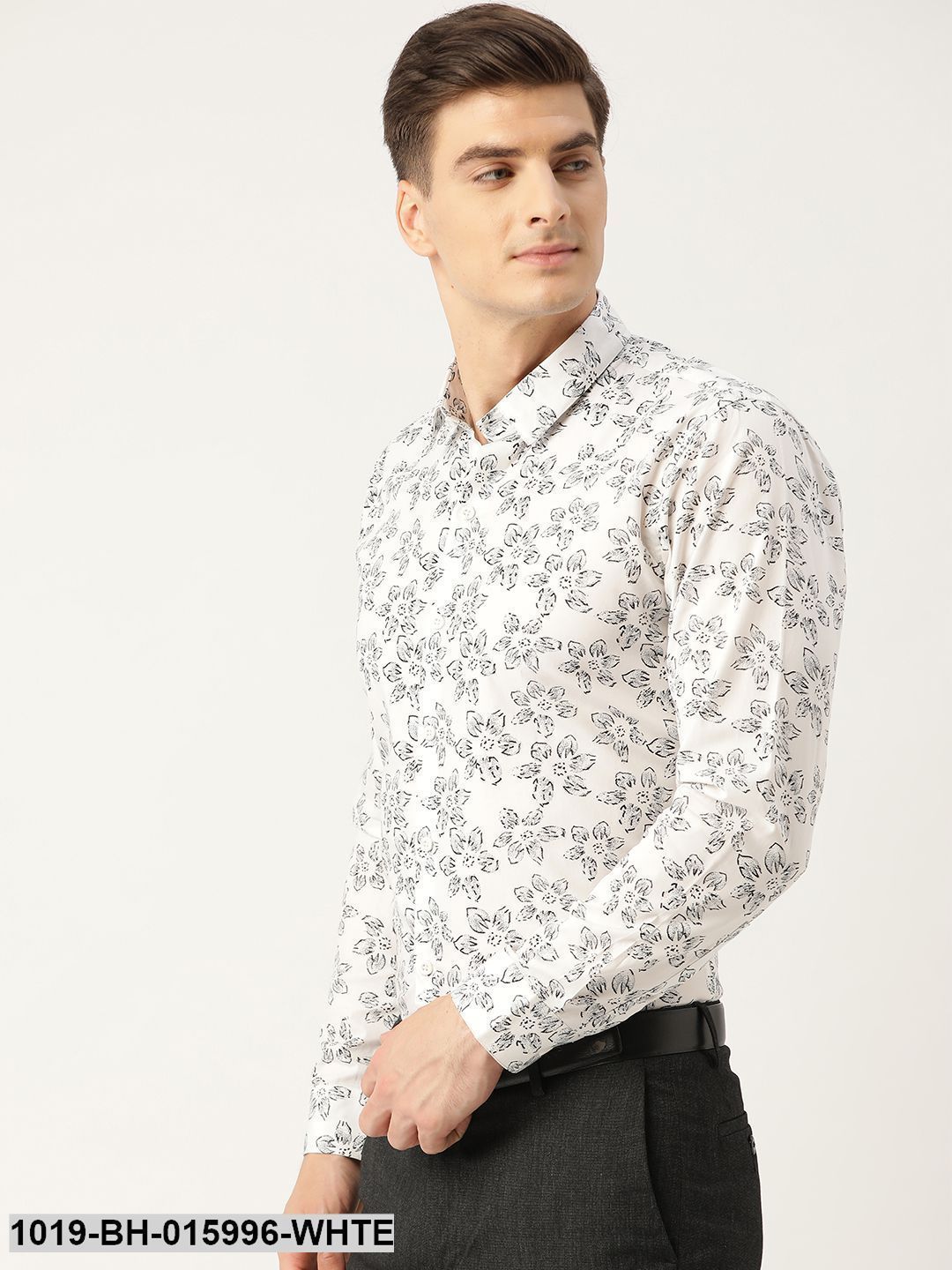 Men's Cotton White & Black Printed Formal Shirt - Sojanya