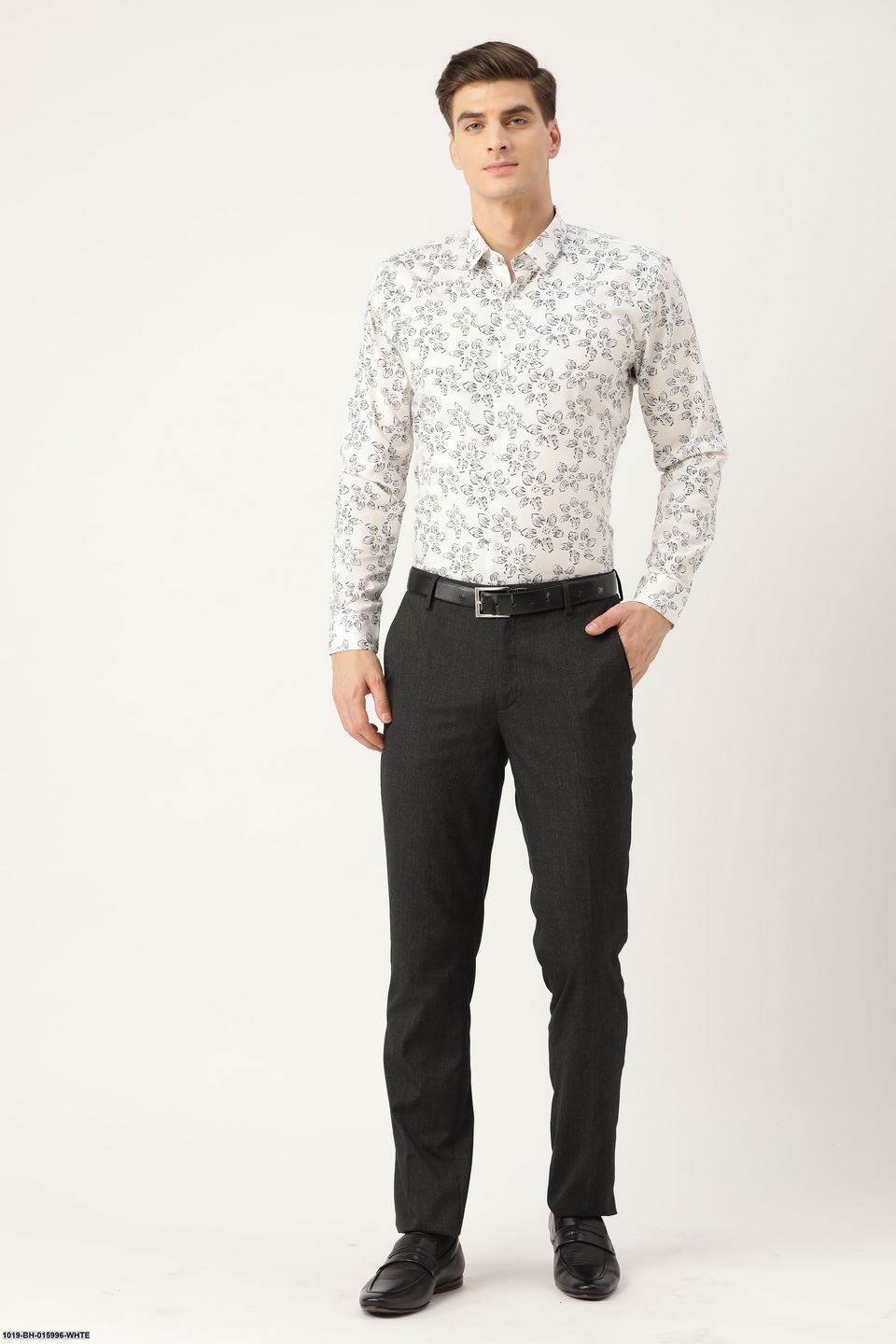 Men's Cotton White & Black Printed Formal Shirt - Sojanya