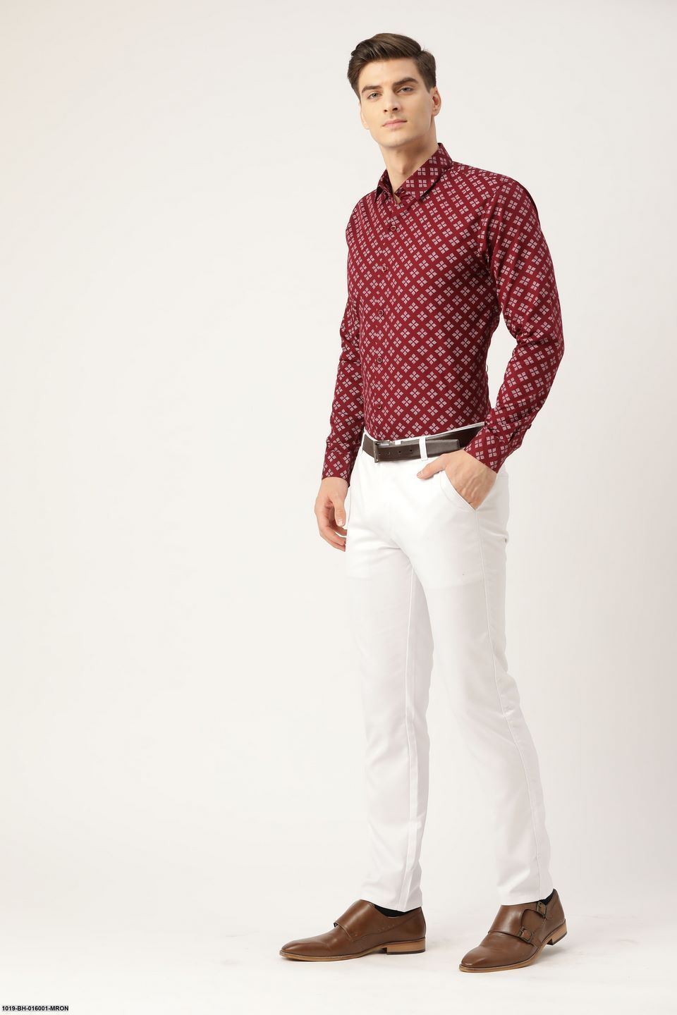 Men's Cotton Maroon & White Printed Formal Shirt - Sojanya