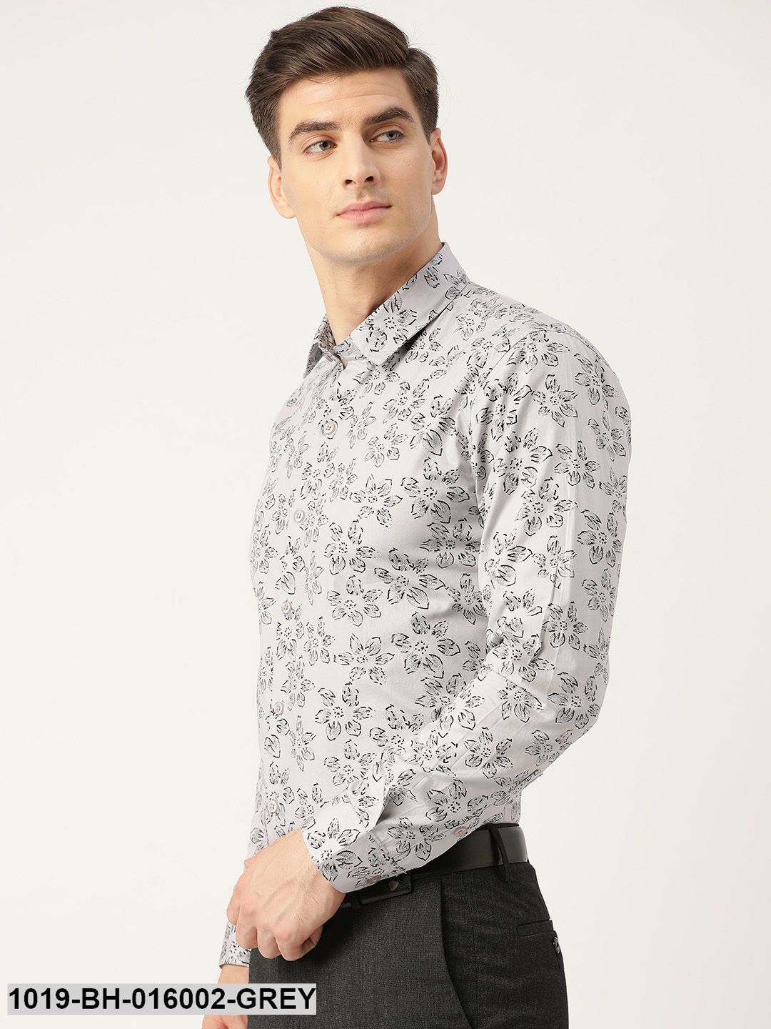 Men's Cotton Grey & Black Printed Formal Shirt - Sojanya