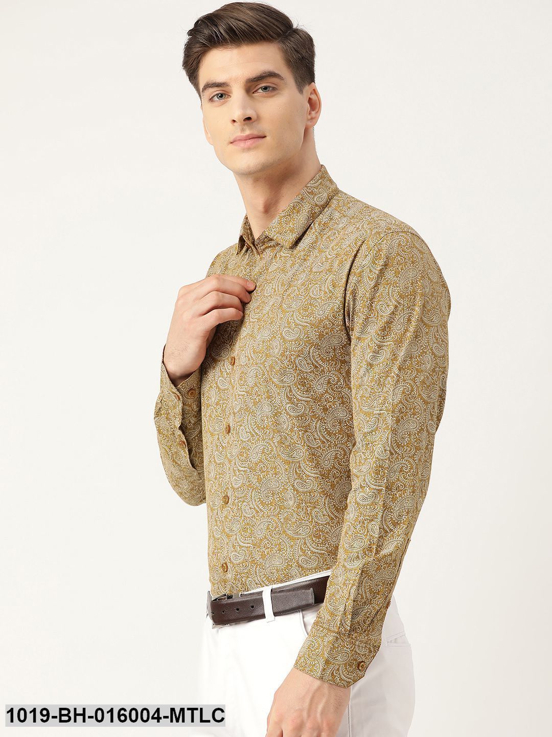 Men's Cotton Metallic Gold & White Printed Formal Shirt - Sojanya