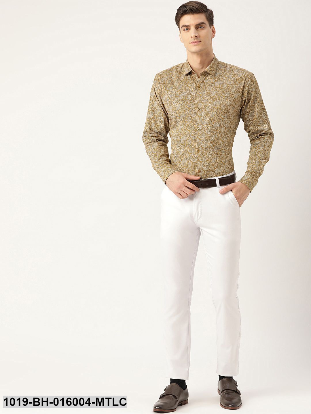 Men's Cotton Metallic Gold & White Printed Formal Shirt - Sojanya