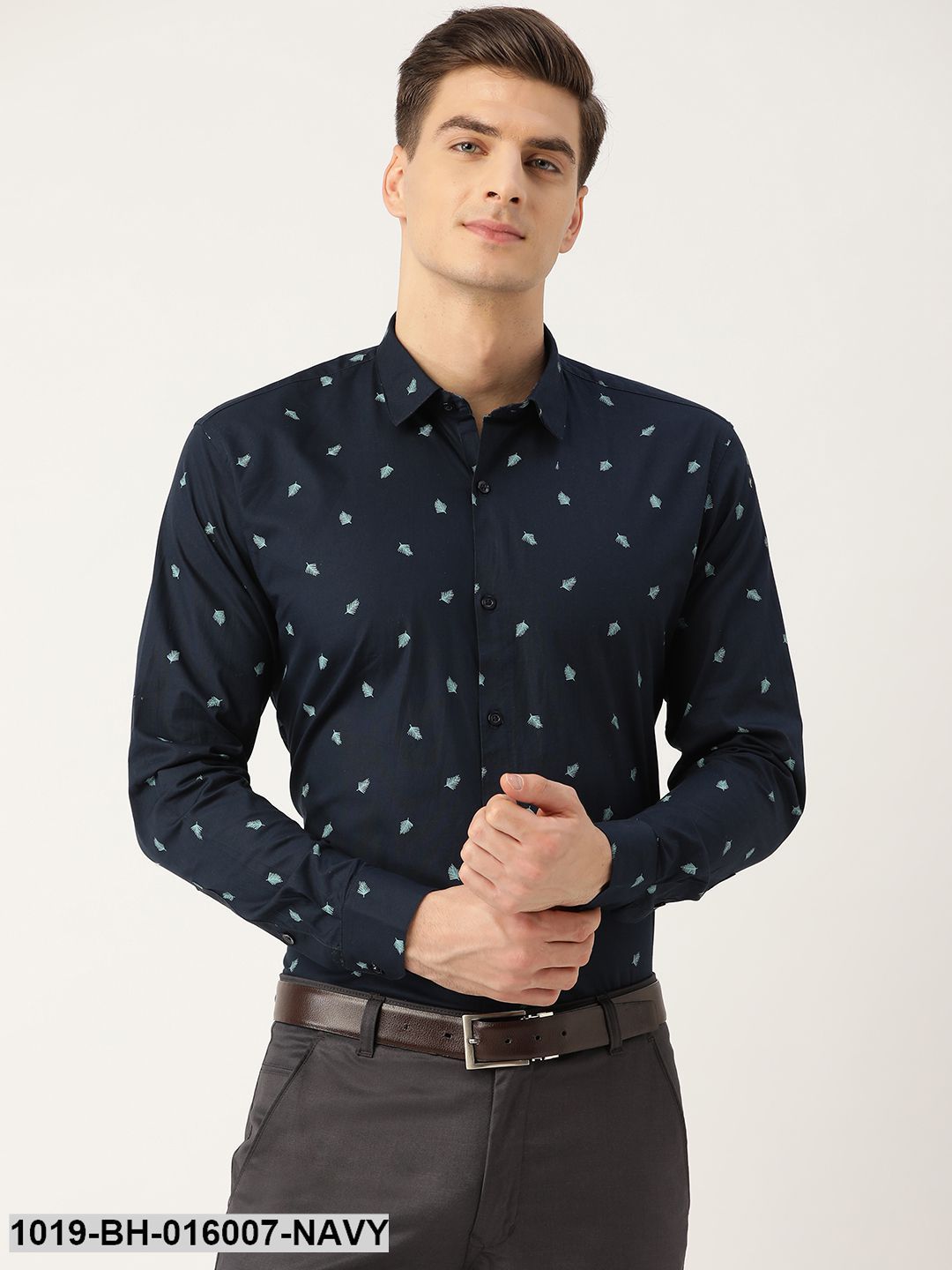 Men's Cotton Navy Blue & Blue Printed Formal Shirt