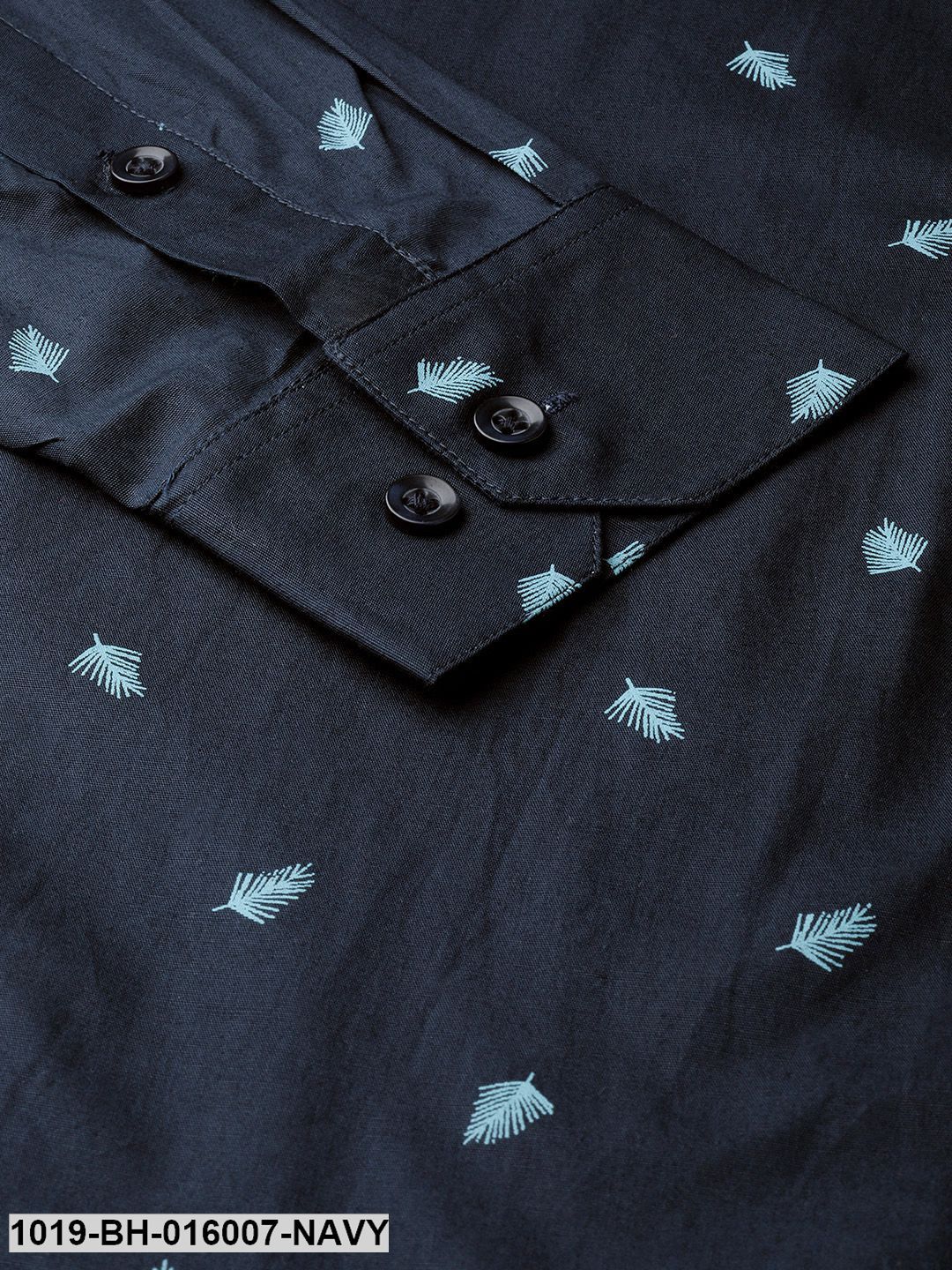 Men's Cotton Navy Blue & Blue Printed Formal Shirt