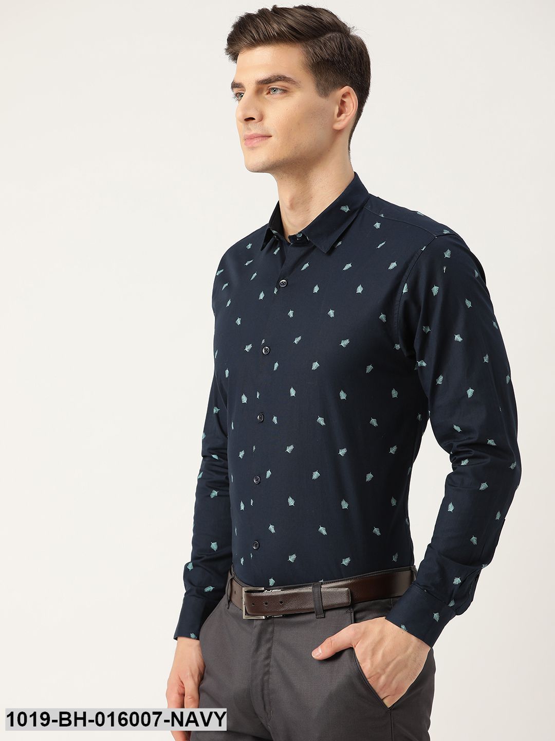 Men's Cotton Navy Blue & Blue Printed Formal Shirt