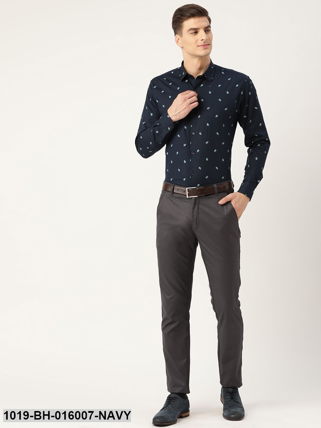 Men's Cotton Navy Blue & Blue Printed Formal Shirt