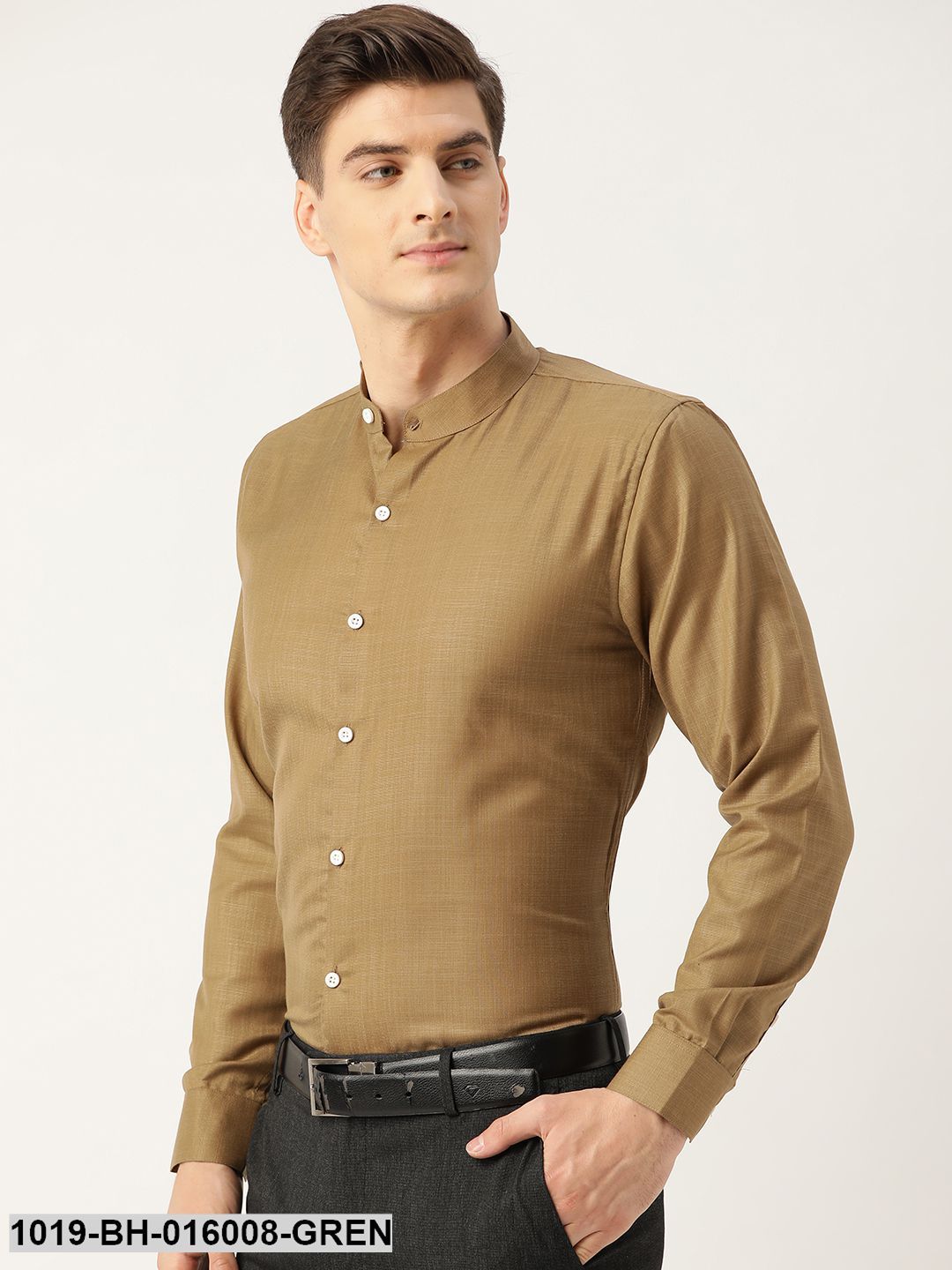 Men's Cotton Moss Green Chinese Collar Shirt - Sojanya
