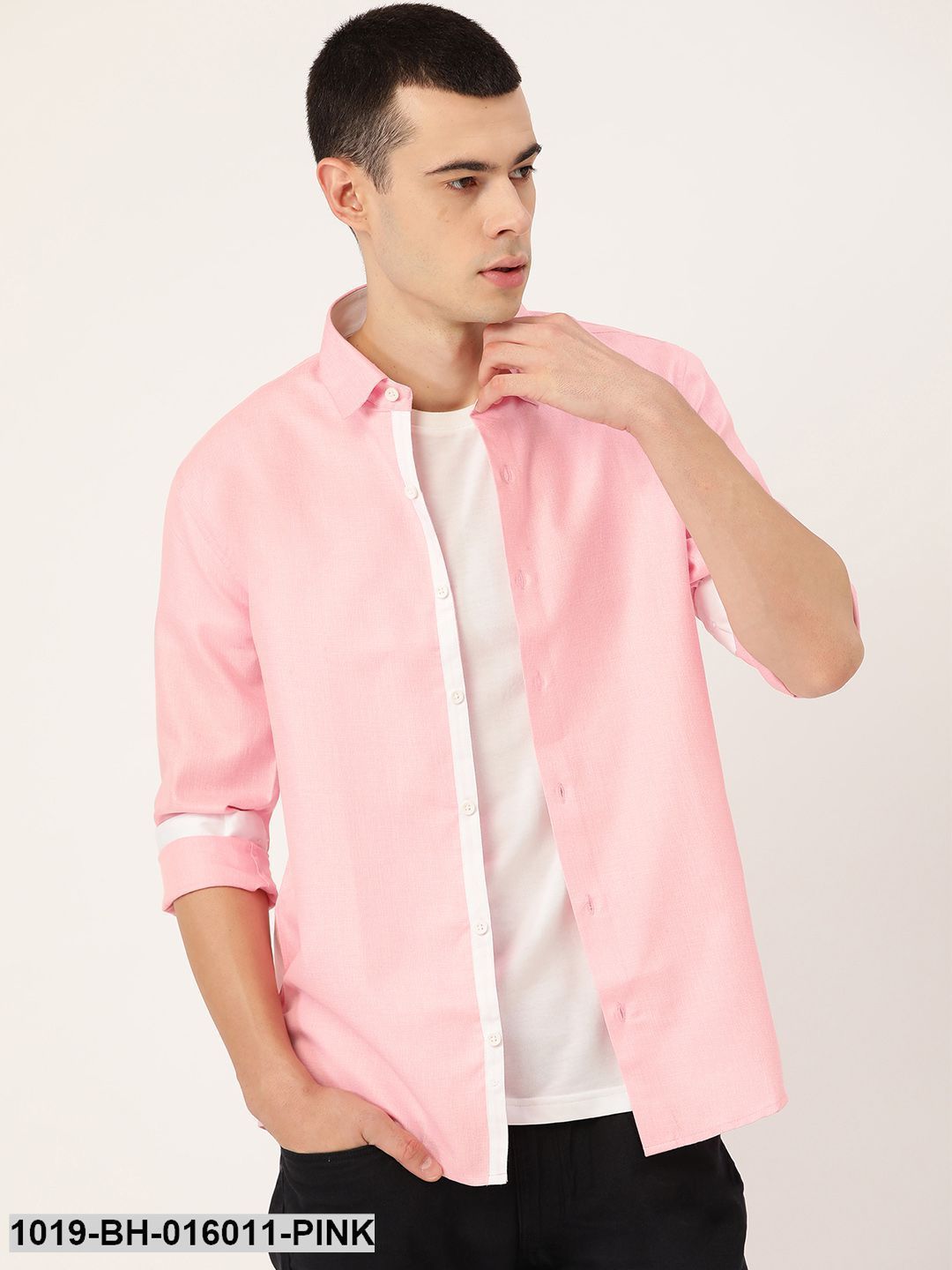 Men's Cotton Linen Pink Casual Shirt - Sojanya