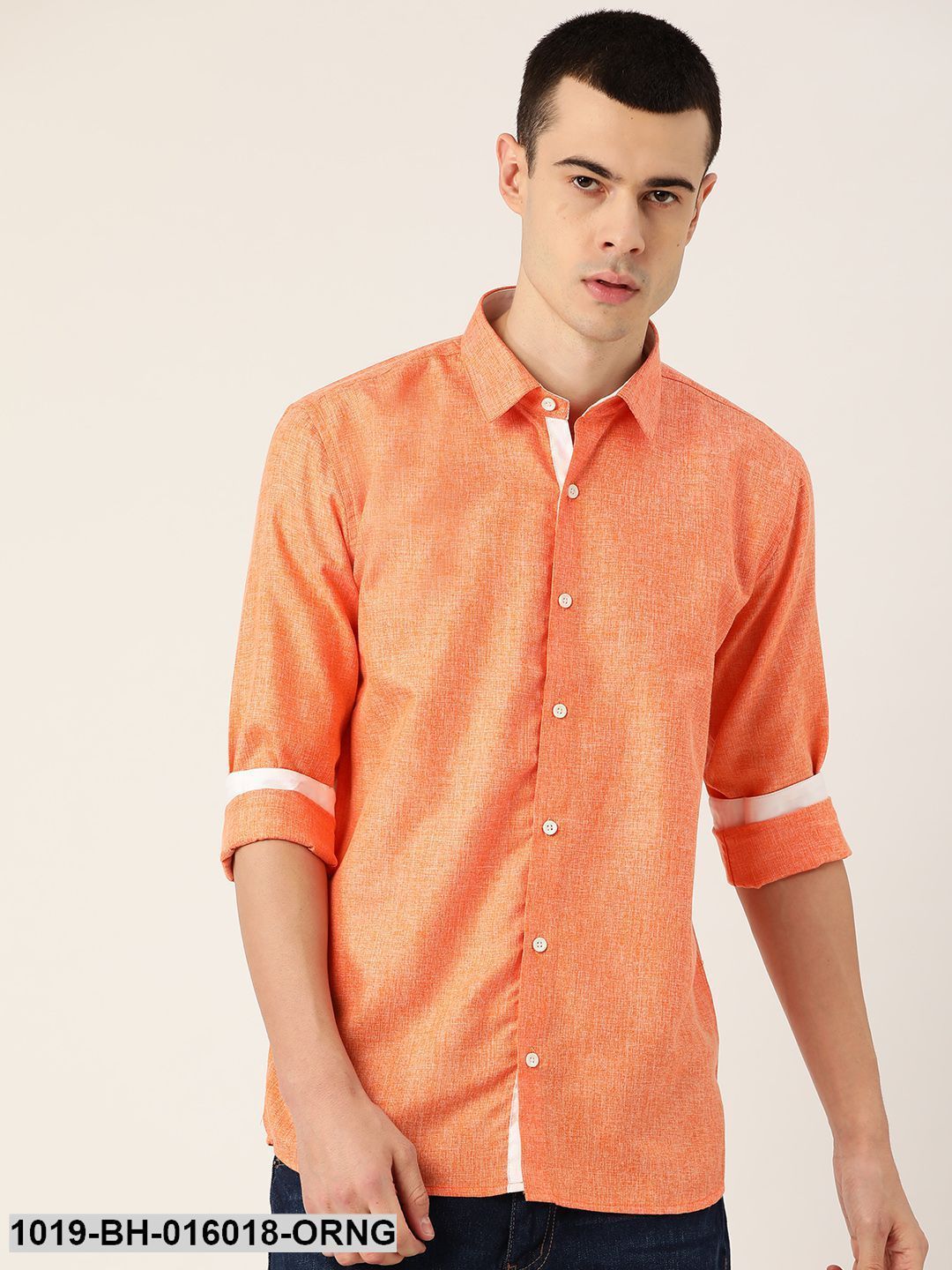 Men's Cotton Linen Orange Casual Shirt - Sojanya