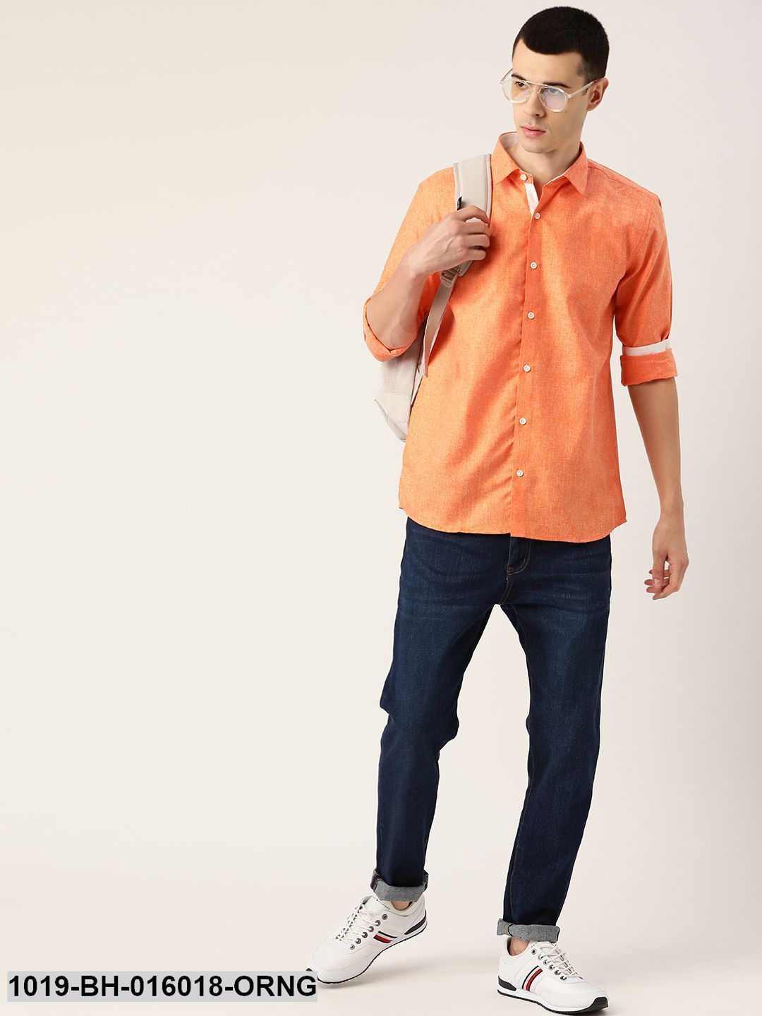 Men's Cotton Linen Orange Casual Shirt - Sojanya